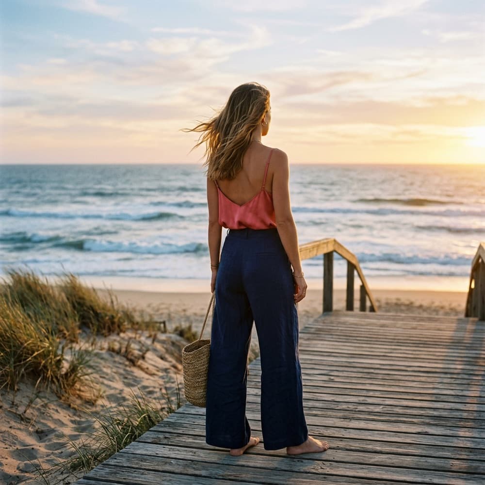 A woman in a coral silk camisole and navy wide-leg trousers stands on a beach boardwalk at sunset, facing the ocean