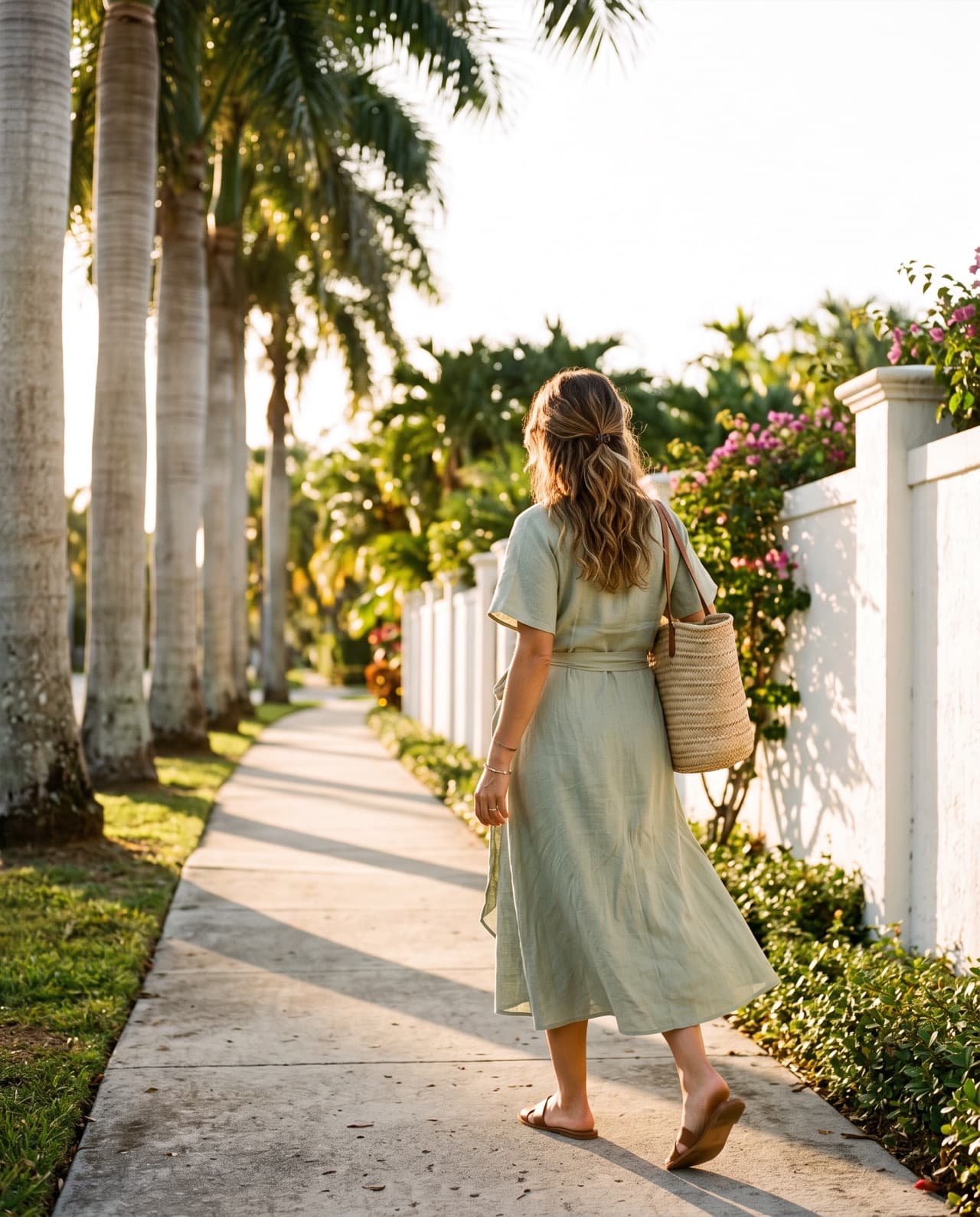 A woman in a sage linen wrap dress, carrying a raffia tote, walks away down a sunlit sidewalk lined with royal palms and a white wall