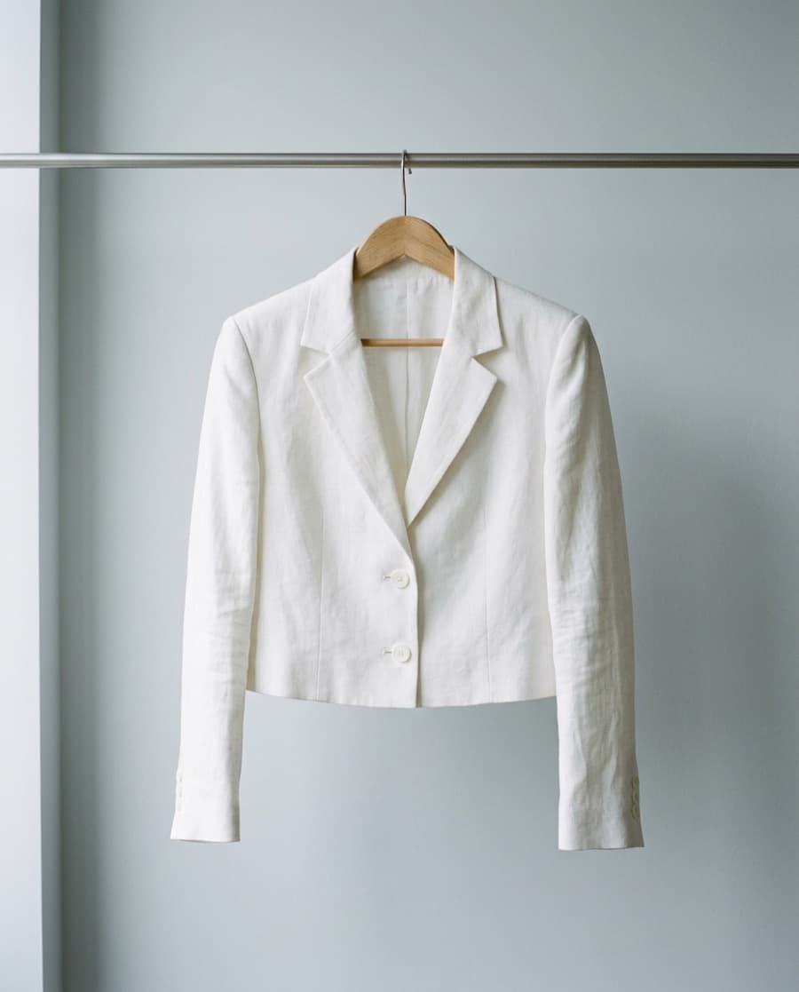 White cropped linen blazer with two buttons, on a wooden hanger against a pale grey wall
