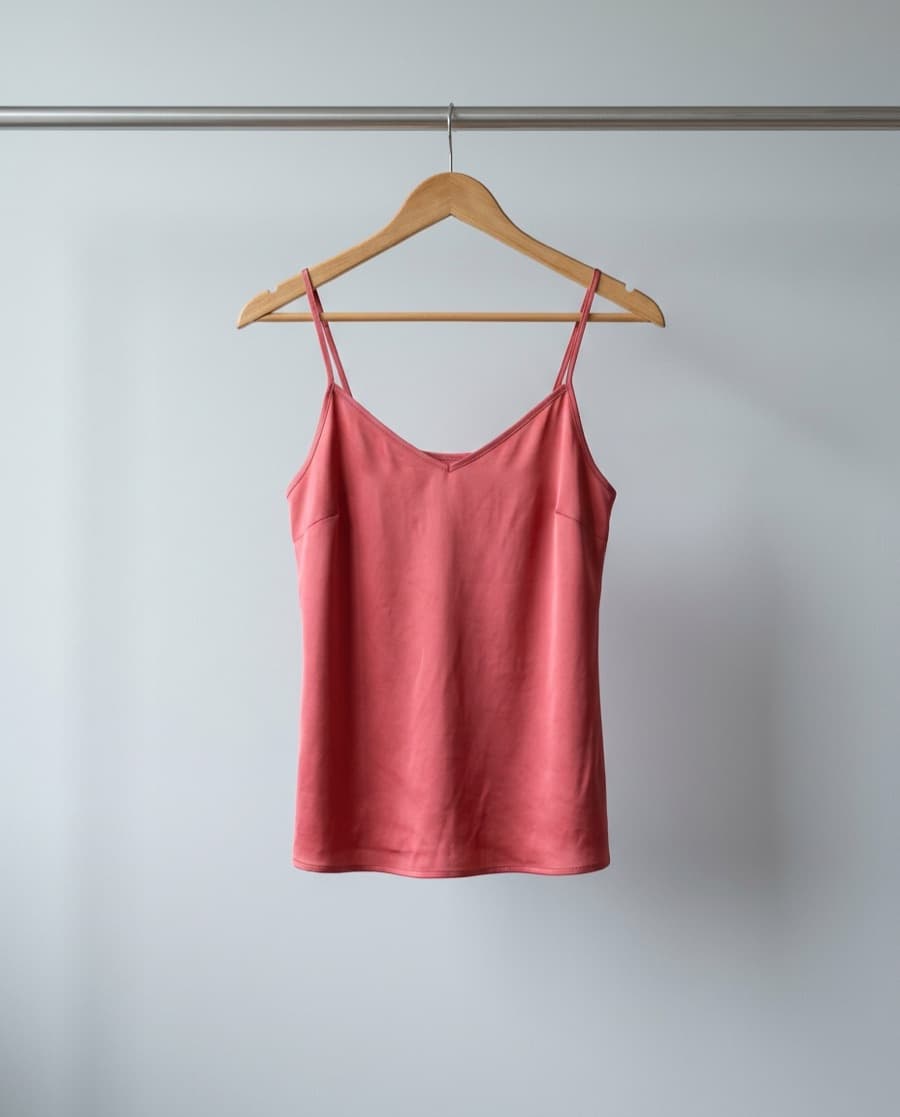 Coral silk camisole with thin straps, on a wooden hanger against a pale grey wall