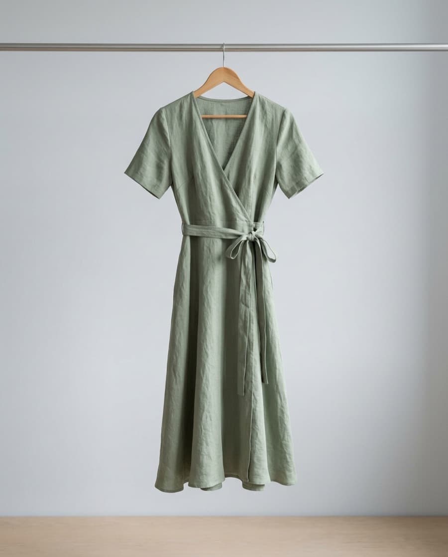 Sage green linen wrap dress with short sleeves and a tie waist, on a wooden hanger against a pale grey wall