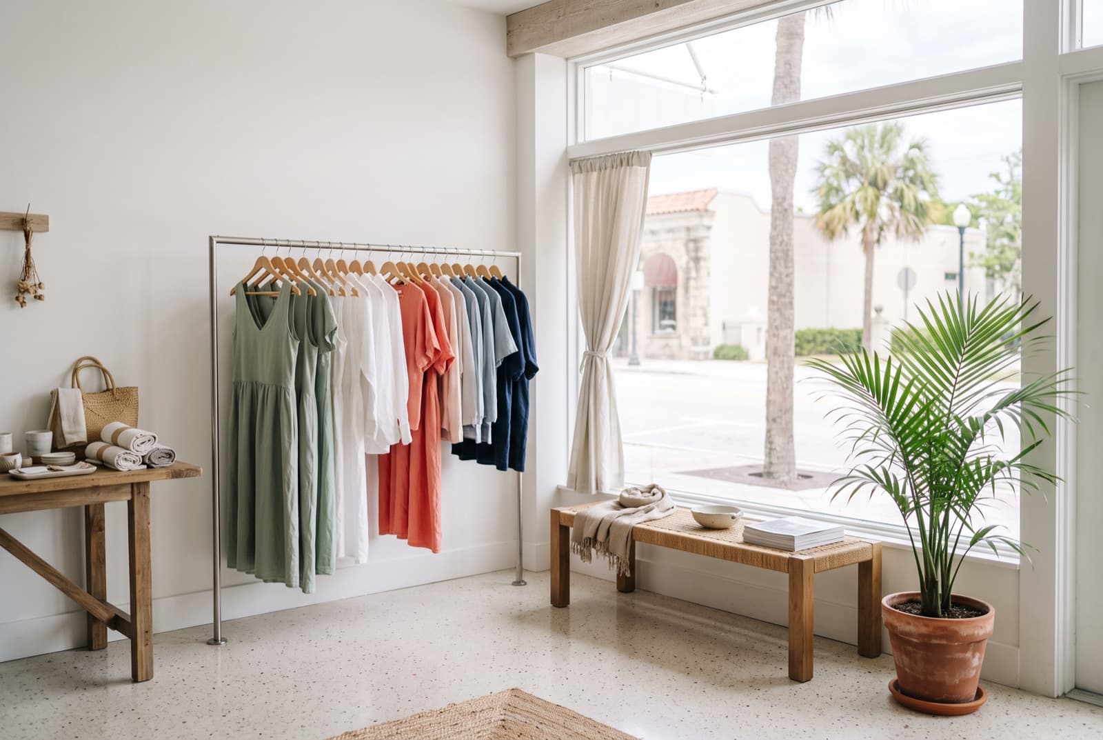 Inside the shop: a steel rail of linen dresses and shirts in sage, white, coral and navy beside a big window, a bench and a potted palm