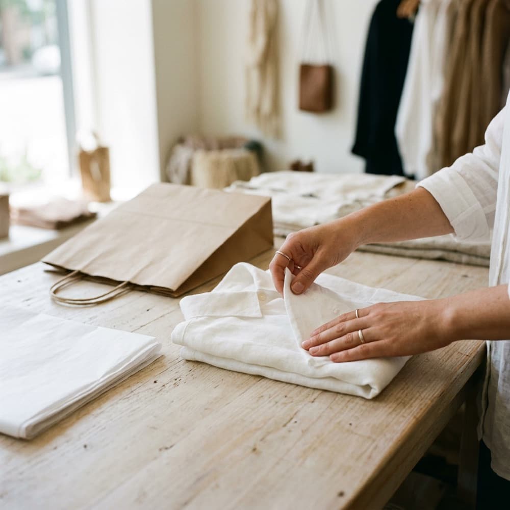 Hands folding a white linen shirt on a wooden counter beside tissue paper and a paper shopping bag